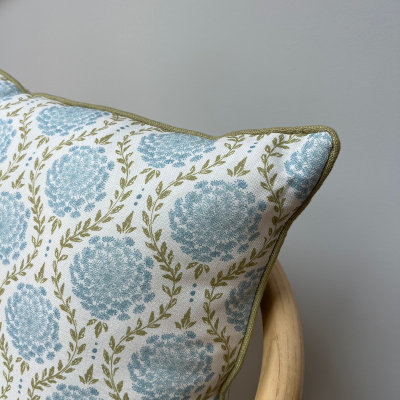 bespoke cushions blue and green pattern with green trim