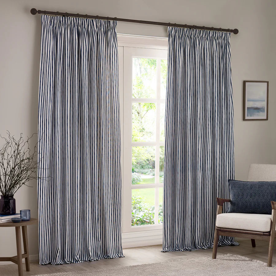 Hebden Striped 100% Cotton Fully Lined Curtains Navy