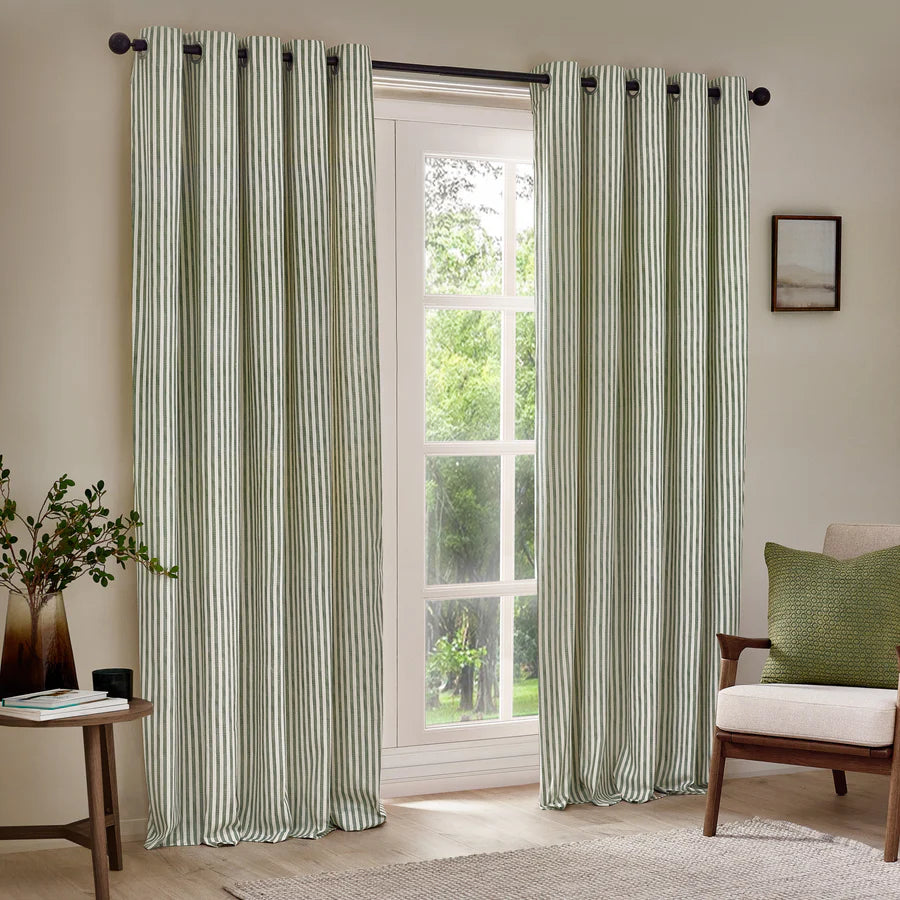Hebden Striped 100% Cotton Fully Lined Curtains Forest Green