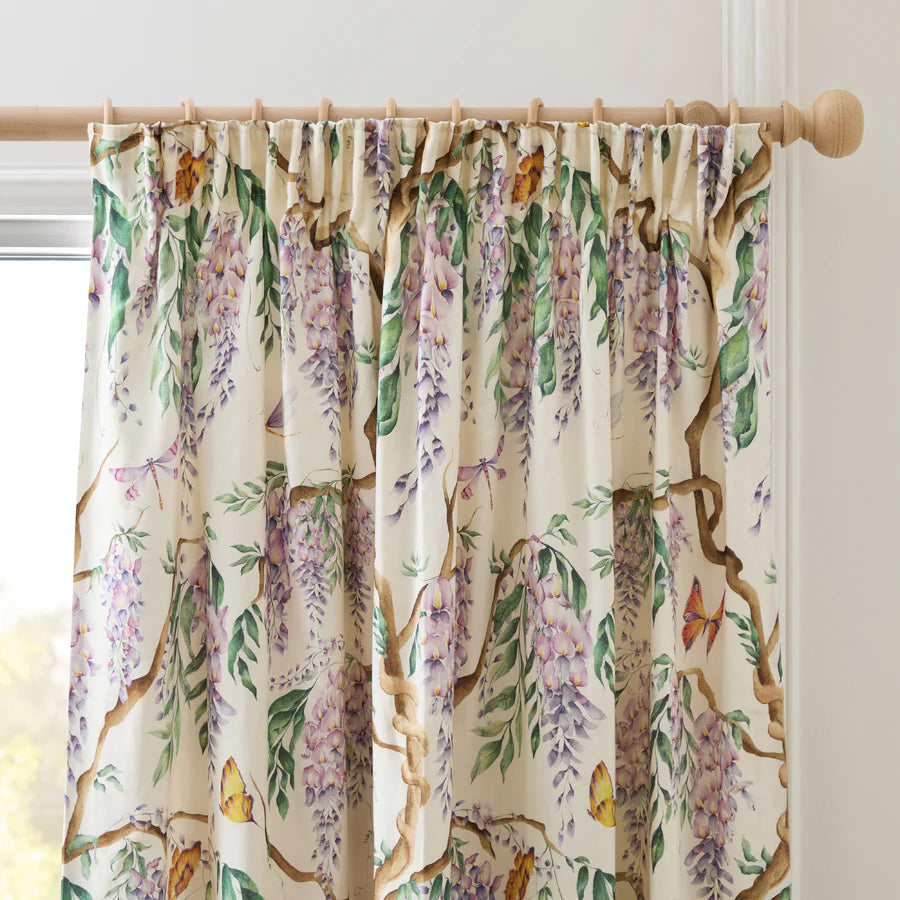 Mariposa Fully Lined 100% Cotton Printed Pencil Pleat Curtains Cream