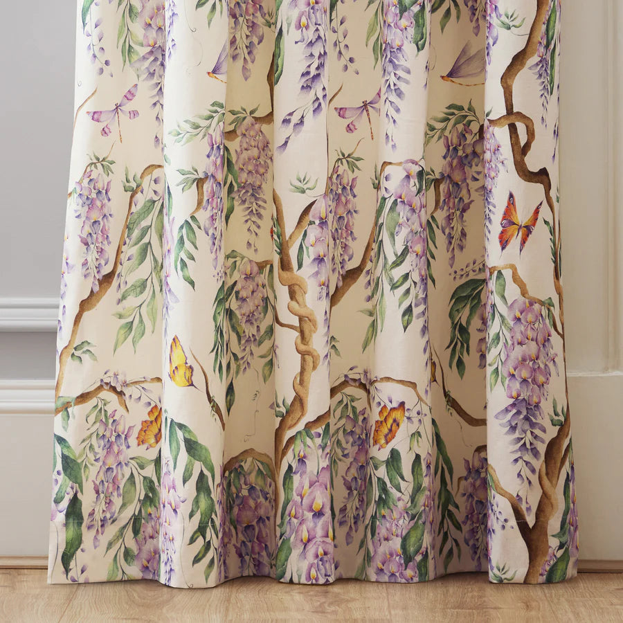Mariposa Fully Lined 100% Cotton Printed Pencil Pleat Curtains Cream