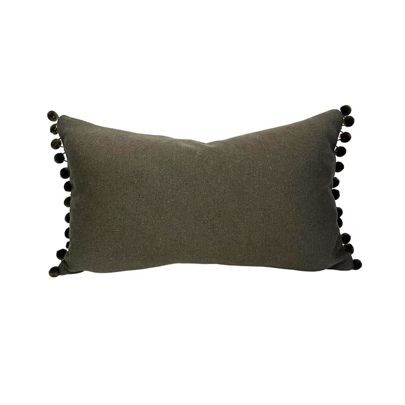 Olive and Natural Pom Pom Lumbar Cushion – Reversible with Green Pom Pom Trim