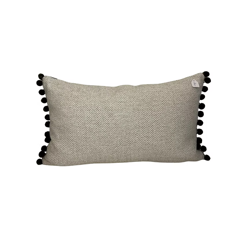 Olive and Natural Pom Pom Lumbar Cushion – Reversible with Green Pom Pom Trim