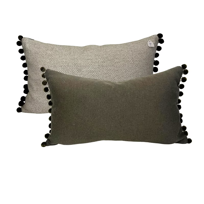 Olive and Natural Pom Pom Lumbar Cushion – Reversible with Green Pom Pom Trim