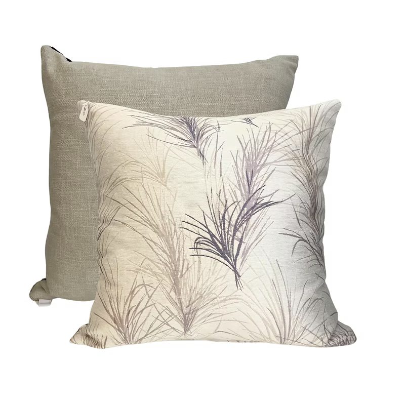 Taupe Meadow Grass Cushion – Botanical Print and Plain Reverse