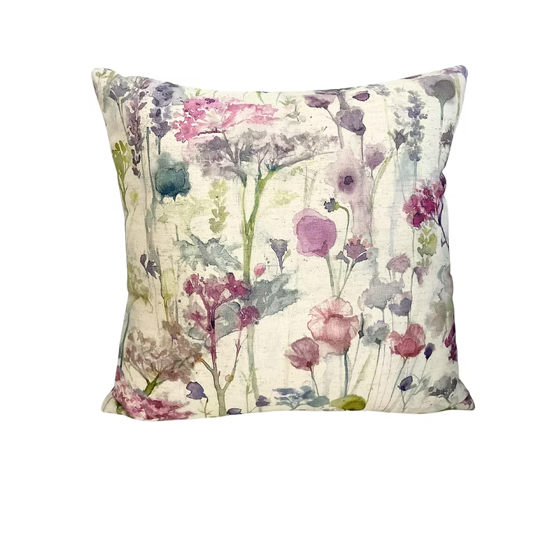 Wildflower Meadow Cushion – Watercolour Floral and Plain Blush Pink Reverse