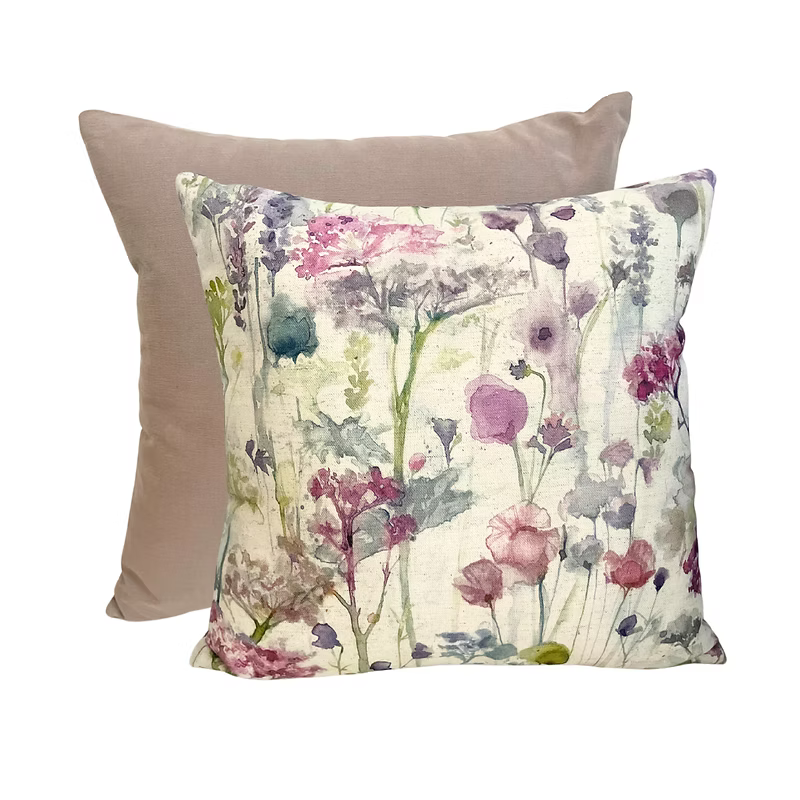 Wildflower Meadow Cushion – Watercolour Floral and Plain Blush Pink Reverse